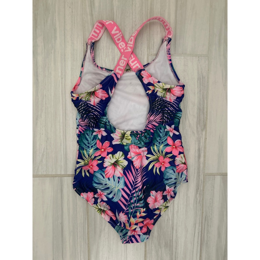 Girls Tropical Floral One Piece Swimsuit Summer Vibes Pink Crossback Navy Pink - Picture 2 of 4